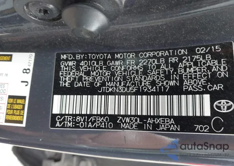 2015 Toyota Prius Two z USA, uszkodzony, nr VIN JTDKN3DU5F1934117